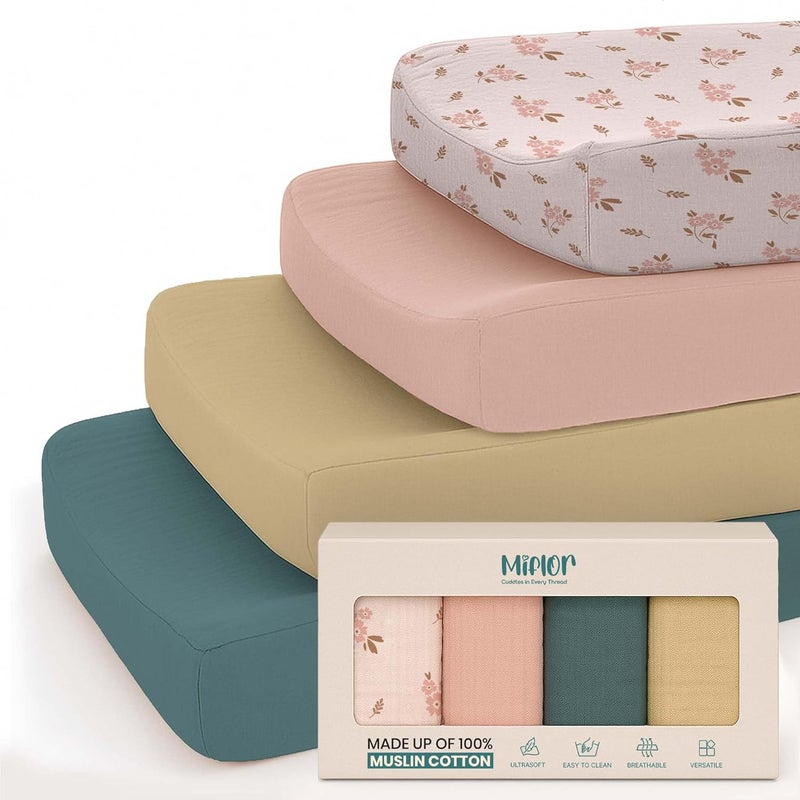 MiFlor Mi Flor 4 Pack Muslin Changing Pad Cover 16x32x5 inches – Ultra Soft CPC Certified Baby Changing Table Cover with Elastic Corners, 360° Fit, Lightweight, Breathable, Fits Most Changing Pads - Image 1